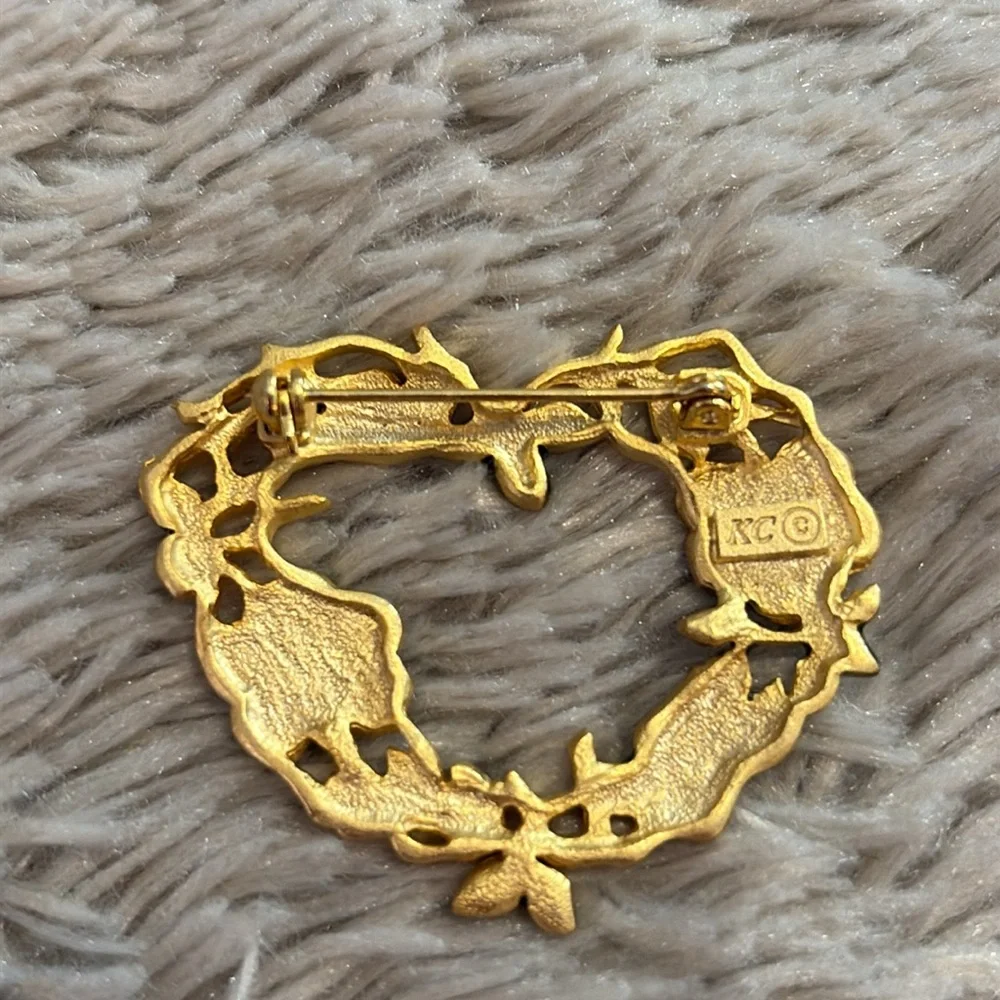 Vintage Kenneth Cole Enamel Floral Bird Gold Tone Heart Brooch Cottagecore